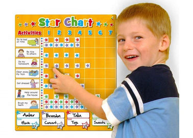 Grafico di ricompensa per bambini con stelle magnetiche e suggerimenti di attività